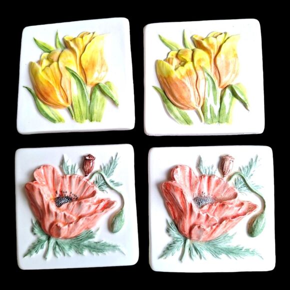 Rare 3D Porcelain Tiles Crafters Lot of 10 Flowers 4 x 4 Vintage 1980s - Picture 7 of 11